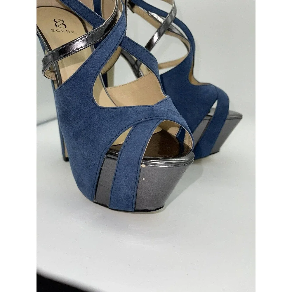 Scene “Marylou” Platform Wedge 5” Heels Blue Suede w/ Silver Accents 7M Open Toe